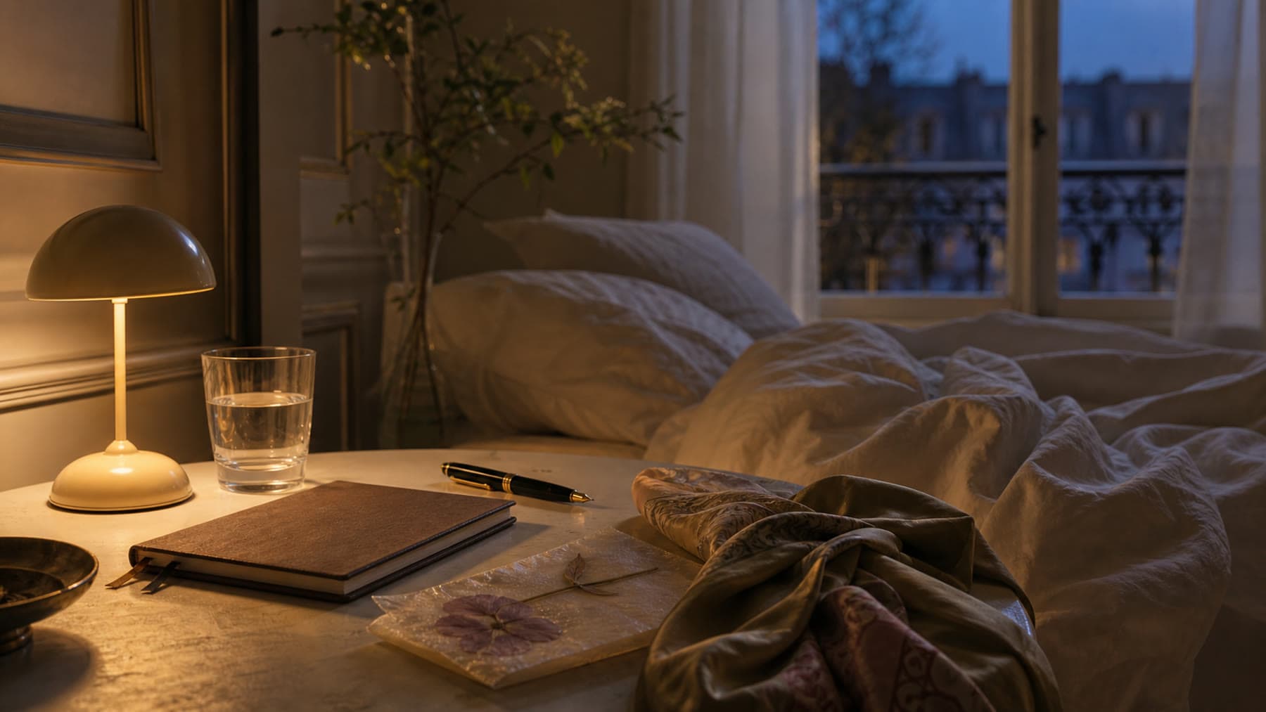 A quiet bedroom study at dusk with a lamp, journal, glass of water, and rumpled sheets.