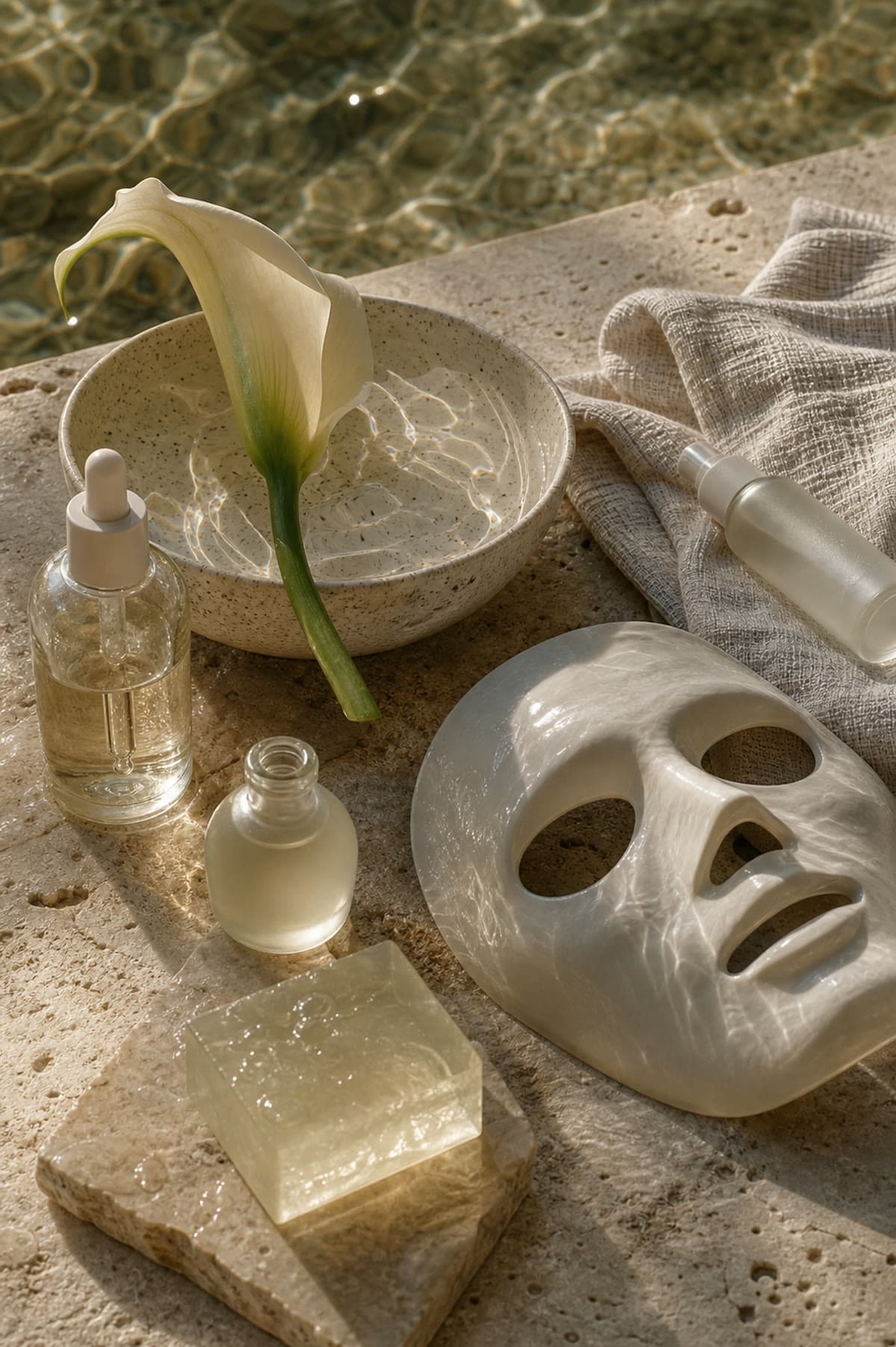 Sunlit ritual objects beside water, including glass bottles, a ceramic mask, linen, and a calla lily.
